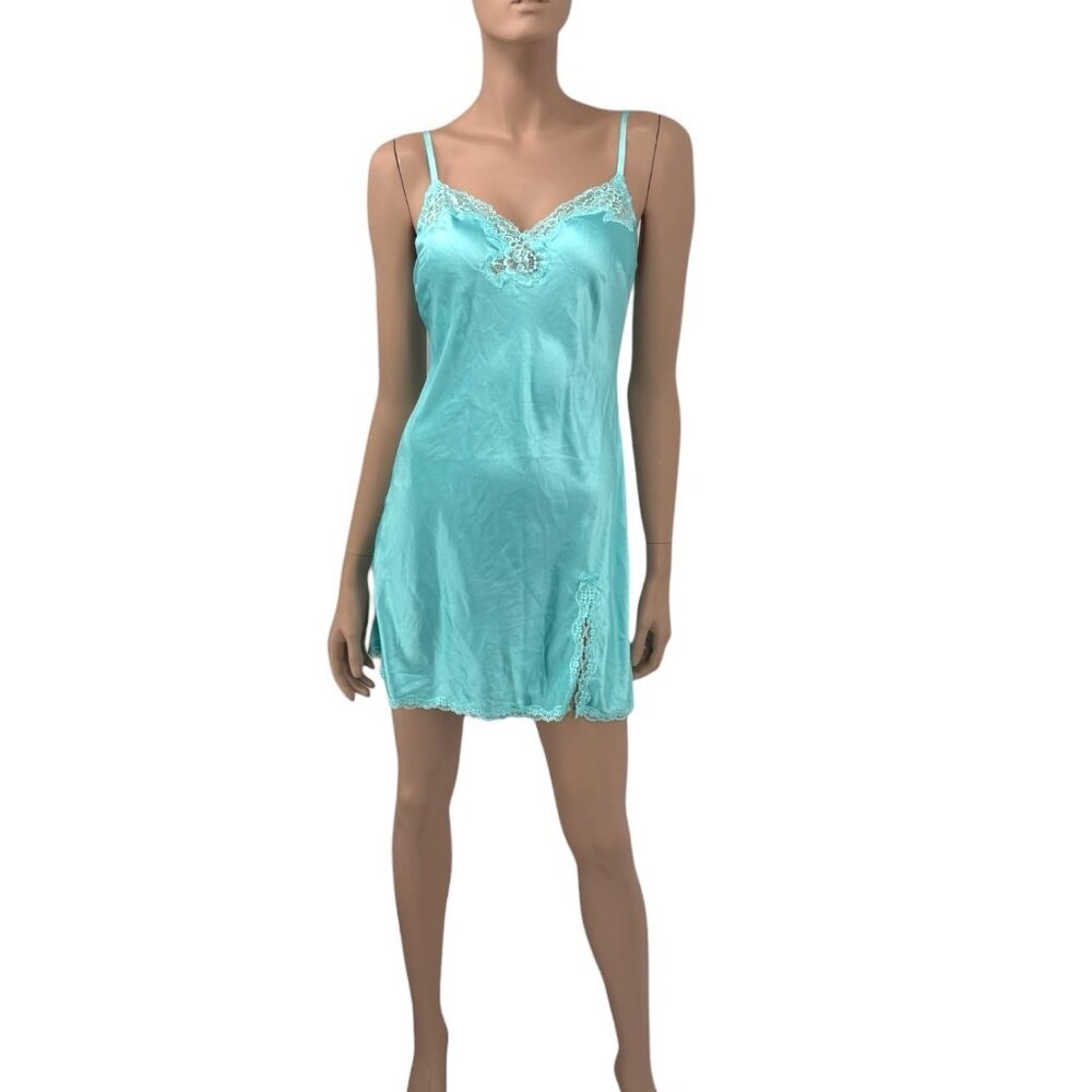Vintage Y2K Victorias Secret Turquoise Blue Lace Trim Slip Dress Satin Nightgown - Picture 2 of 11